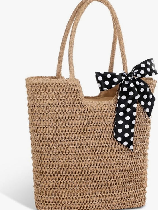 Handbags - Woven Straw Tote Bag with Polka Dot Scarf - Natural